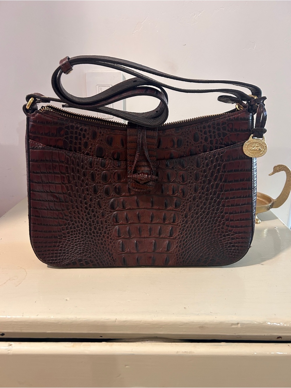 Brahmin Croc-Embossed Shoulder Bag in Deep Brown with Gold Accent